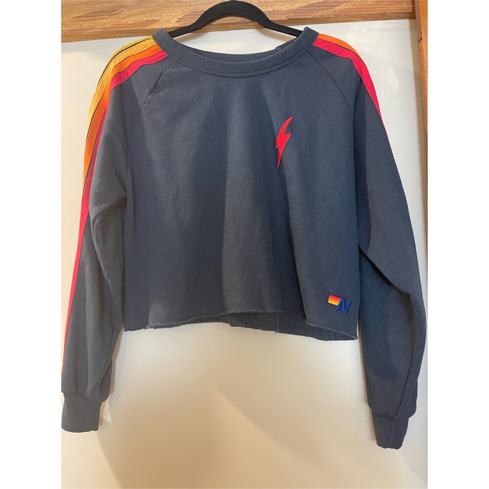 Aviator Nation Bolt Embroidery Cropped Crew Sweatshirt - Charcoal/Rainbow Serape